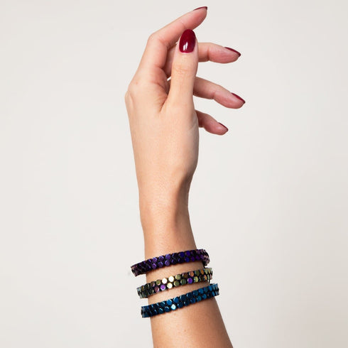 Géome sacrée | Hématite bleue | Bronze à canon | Bracelet octaèdre